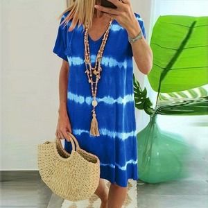 Tie Dye T-Shirt Dress Tops Summe Tunic Mini Sundress Plus Size - LIght Blue (XL)